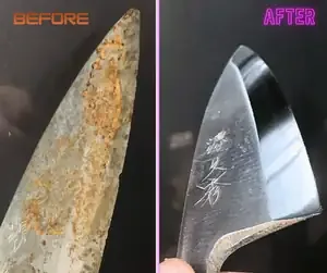 Before and after deba knife restoration showing rust removal and edge repair